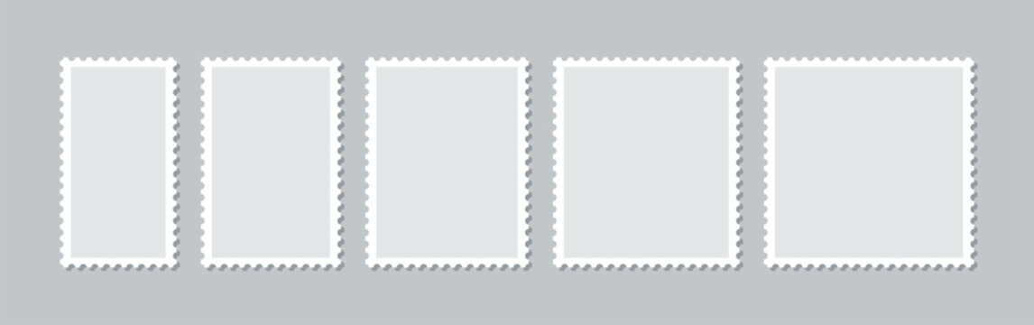 Perforated rectangle post frame set. Blank borders isolated on gray background. Postage stamp label. Empty round postal stamp. Paper circular postmarks for mail letter. Vector illustration.