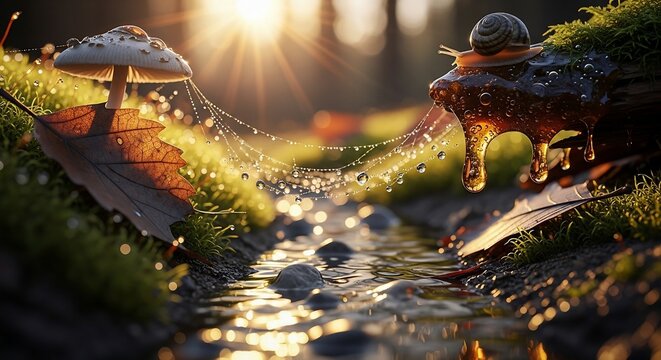 Forest stream scene with snail mushroom and sunlight