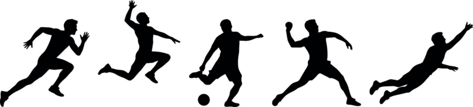 Diverse athletic silhouettes capturing dynamic sports actions on a white background