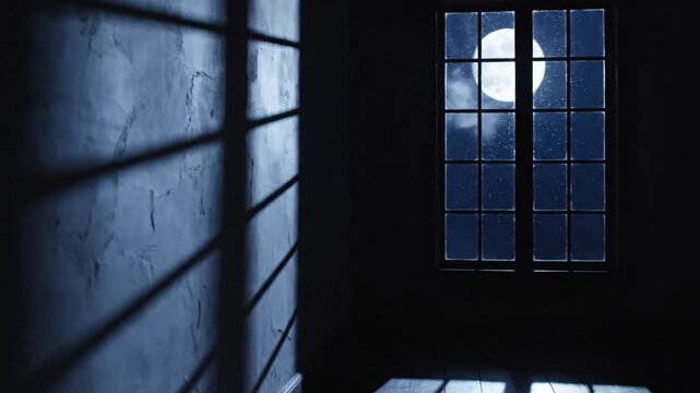 A full moon shines brightly through a large gridded window into a dark room, casting sharp geometric shadows on a textured wall and wooden floor at night.
