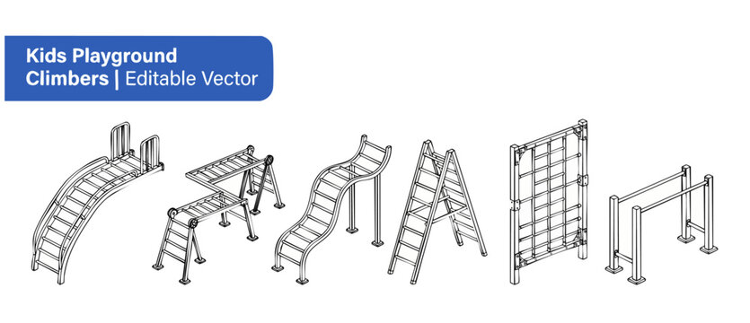 Kids playground climbing equipment vector line icons for outdoor play area design featuring isometric monkey bars, ladders, slides, fitness structures, and obstacle course element on white background.