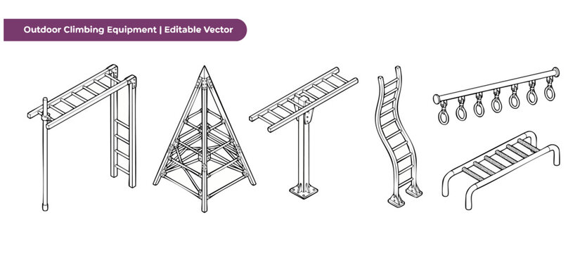 Playground climbing equipment vector set of isometric outline icons for outdoor gym, kids backyard play park, monkey bars, gymnastics rings, and workout physical fitness structures.