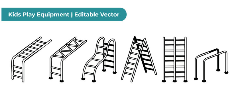 Kids playground climbing equipment vector set featuring line art style icons of monkey bars, ladder, obstacle course, and fitness workout gear for school gym and backyard recreation conceptual design.