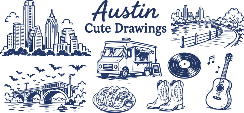 Austin Texas Travel Vector Set with Skyline, Food Truck, Bats, Music, Tacos, Boots and City Icons