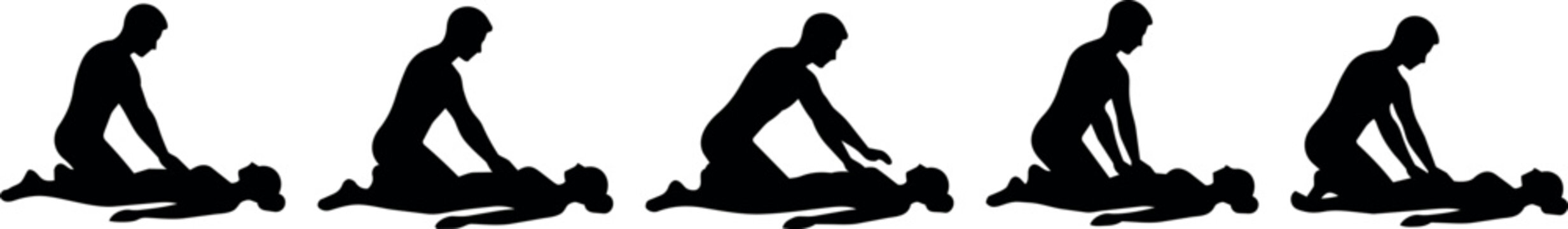 Sequence of silhouettes demonstrating cardiopulmonary resuscitation technique on a person