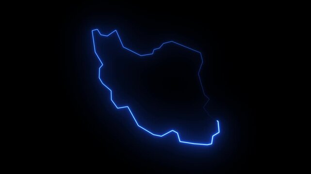 Blue neon Iran map outline animation glowing against black background with sleek digital aesthetic.