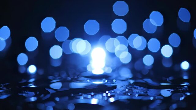 Blue octagonal bokeh lights reflecting on wet dark surface with water droplets. Deep navy background with out of focus light spots and mirror reflections on a liquid surface.
