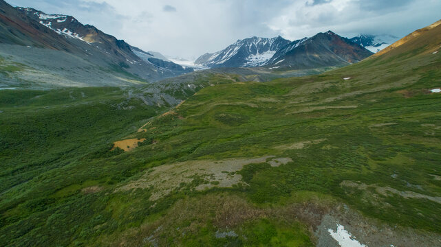 Expansive green valley with distant snow-capped mountains under a cloudy sky Isabel Pass, Alaska, USA