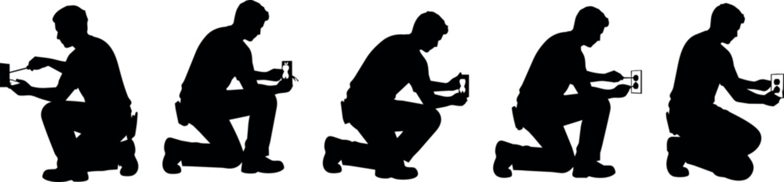 Electrician silhouette sequence installing electrical outlet on white background