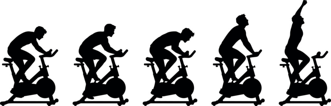 Silhouette progression of a person cycling on an exercise bike to victory