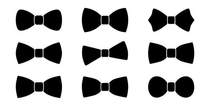 Black bow tie silhouette icons, set of 9 formal necktie vector shapes, elegant tuxedo accessories for wedding and gala invitations