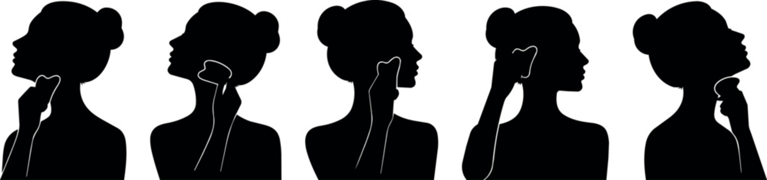 Silhouettes of women performing facial massage with gua sha tools