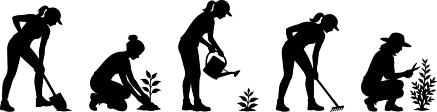 Silhouettes of women gardening, planting, watering, and pruning plants