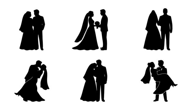 Wedding couple silhouettes set, 6 romantic bride and groom vector icons, elegant marriage ceremony poses for invitations and stationery
