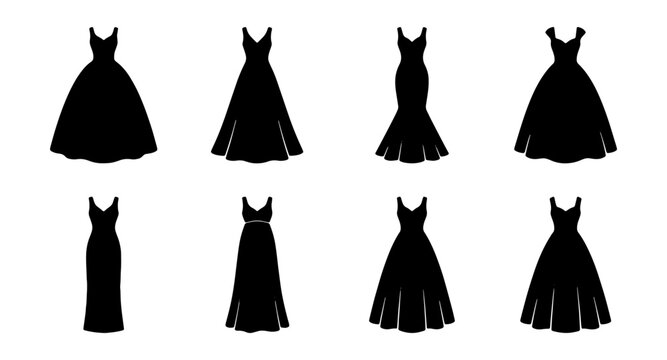 Elegant wedding dress silhouettes, set of 8 bridal gown vector icons. Black evening dress fashion outlines for bridal boutique branding and wedding invitations.