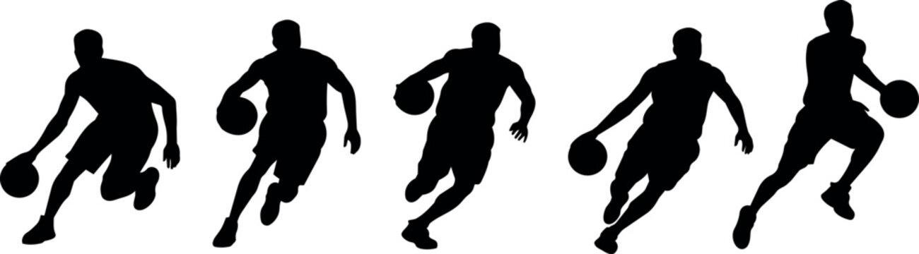 Silhouettes of basketball players dribbling the ball in motion