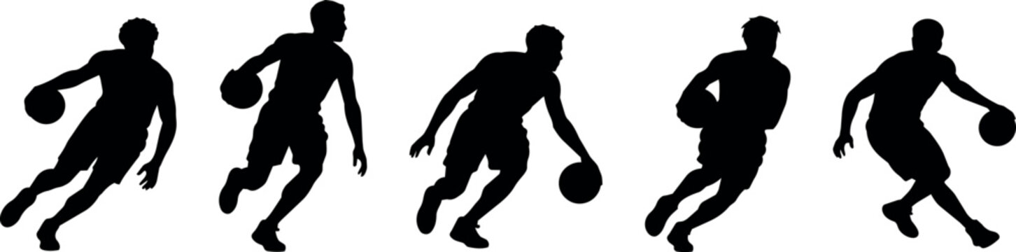 Five basketball players in silhouette dribbling the ball during a game