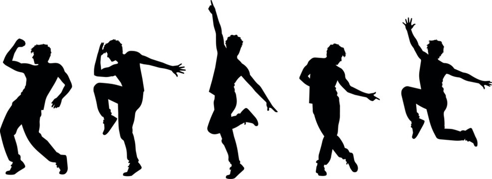 Dynamic silhouettes of five men dancing and jumping in various poses
