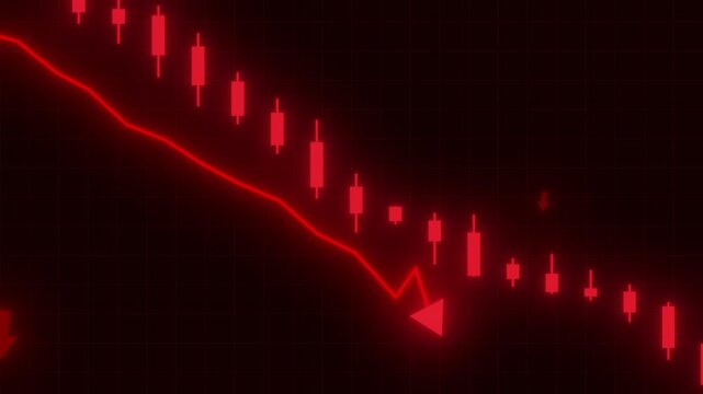 Red Stock Market Crash: A stark red graph displays a dramatic downward trend, with candlestick patterns illustrating a sharp decline, signaling a stock market crash and financial crisis.