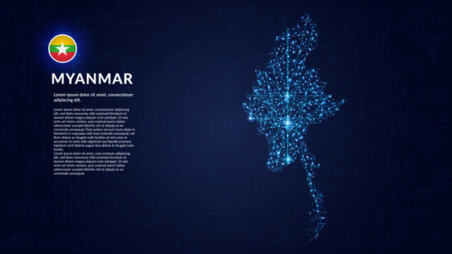 Map of Myanmar. Digital and interconnected country highlighting most important cities.