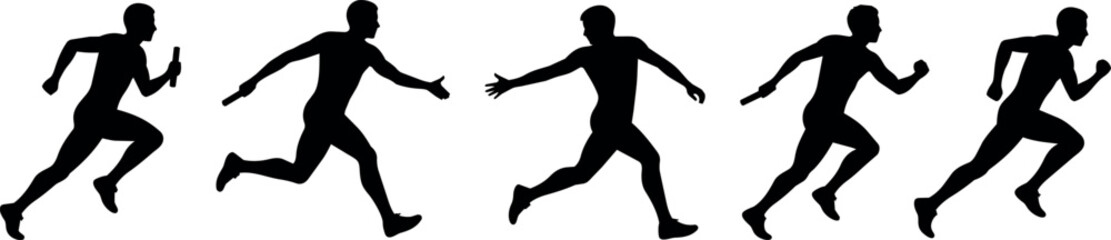 Obraz premium Five silhouetted runners in various poses highlighting athletic movement