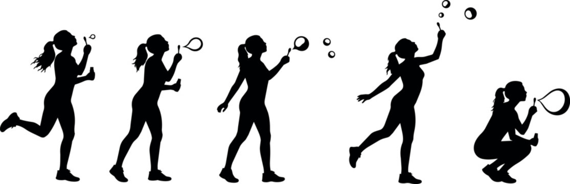Silhouettes of a woman blowing bubbles in various dynamic poses