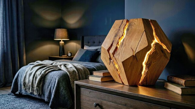 Rustic Wooden Hexagonal Lamp With Warm Light on Nightstand in Cozy Bedroom Setting