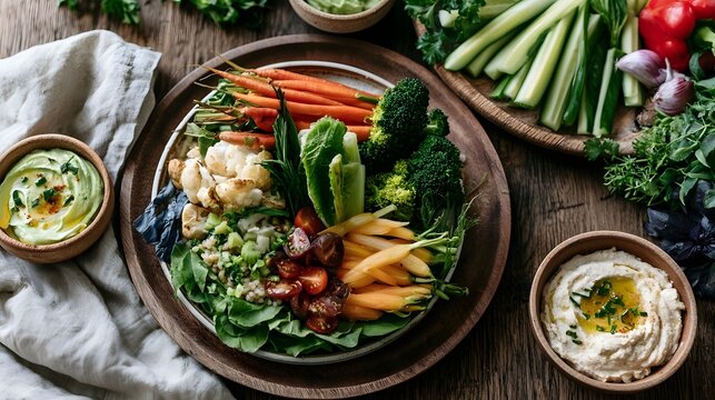 A vibrant and healthy food platter featuring grain bowls and raw vegetable platters with fresh dips and linen napkins