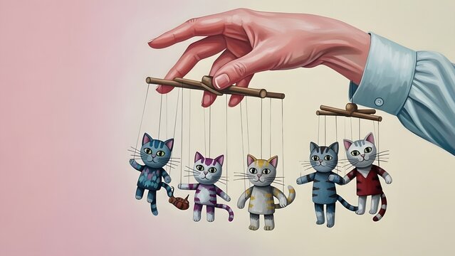 A human hand controls a group of four kitten marionettes, each with distinct outfits, against a soft pink and white gradient background
