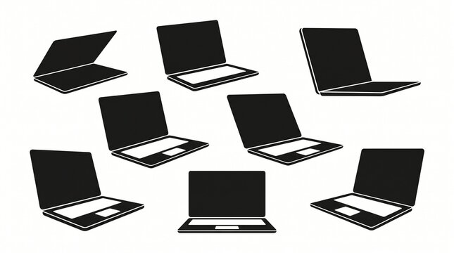 Eight black laptop silhouettes in varied positions symbolizing technology, ergonomics, and modern workspace flexibility in minimalist vector illustration.