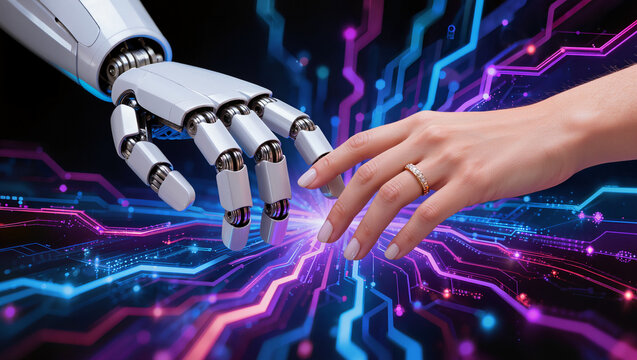 Close up , white robot hand touching to a woman hand wearing marry ring , hight technology blue and pink light effect and black background.