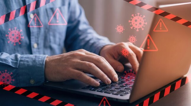 Person typing on laptop with warning signs and virus icons around them indicating cyber threat or malware