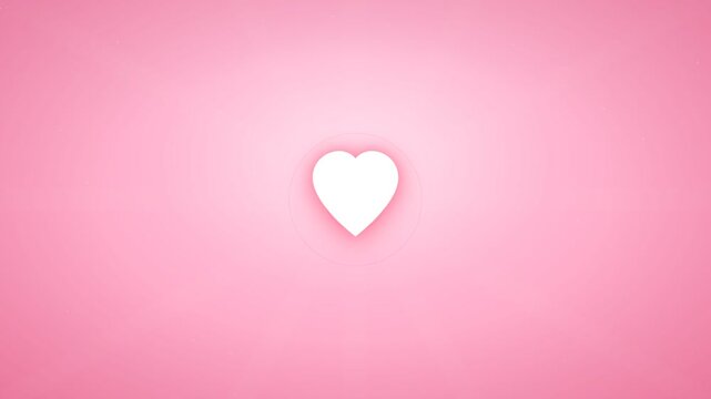 Beautiful motion graphics video featuring a central white heart that bursts into an explosion of small red and pink hearts flying forward against a soft pink gradient background with glowing light ray