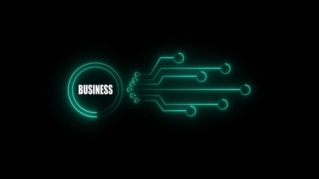 Technology concept with glowing neon circuit icons representing innovation, data flow, connectivity, and process optimization on a black background.4k video