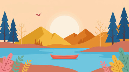 Obraz premium Peaceful mountain lake landscape with boat and pine trees at sunrise