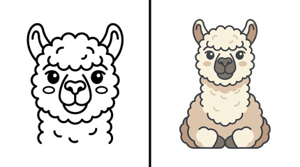 Fototapeta premium Cute llama character line art and color illustration set.