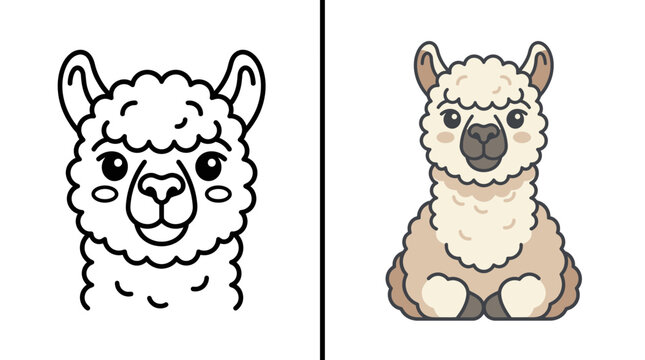 Cute llama character line art and color illustration set.