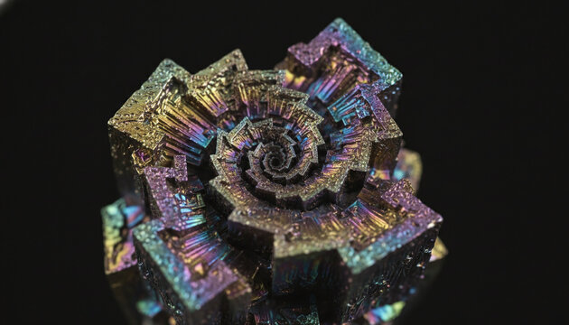 Iridescent bismuth crystal geometric spiral rainbow structure macro