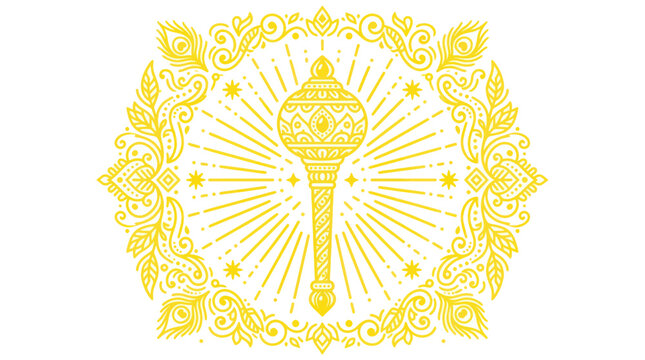 Sacred mace weapon gada with decorative frame and sun rays