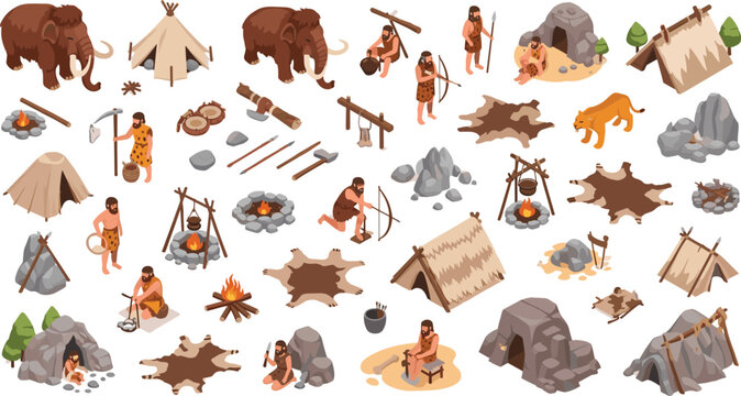 Isometric stone age caveman element set with prehistoric primitive humans mammoths weapons bonfire huts illustration vector