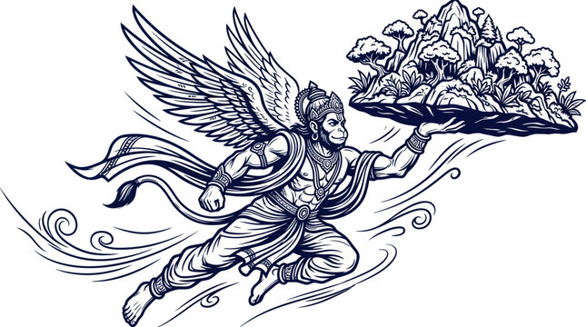 Hindu monkey deity flying through the air carrying a mountain