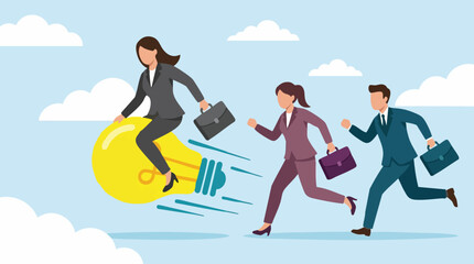Fototapeta premium Businesswoman on flying idea light bulb leads running business people