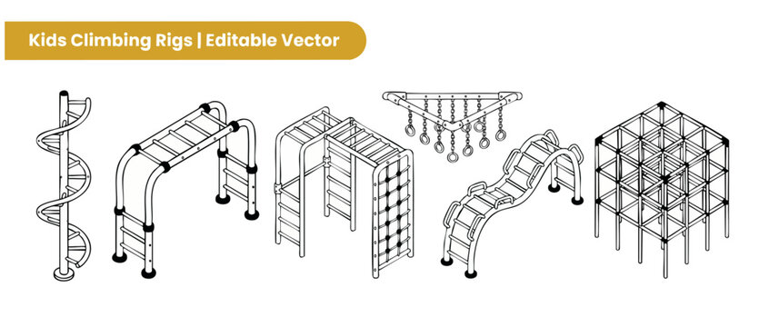 Playground climbing rigs vector set featuring line art monkey bars, jungle gym structures, and obstacle course elements for outdoor kids play recreation, clean isometric outline design illustrations.