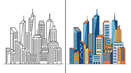 Obraz premium Detailed cityscape line art and flat color building cluster.