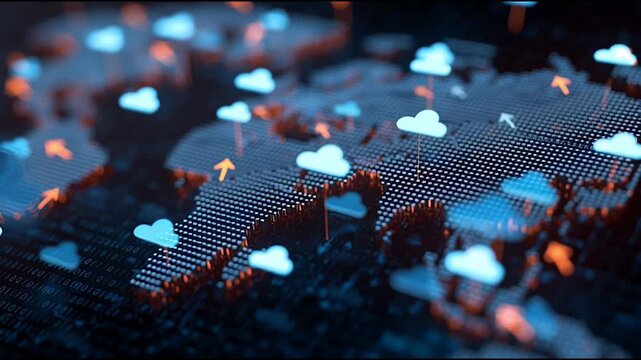 Cloud upload and download icon arrows symbol representing data transfericon Cyber security Global network on Earth concept Abstract business connection of lines from nodes It is connected to endless 