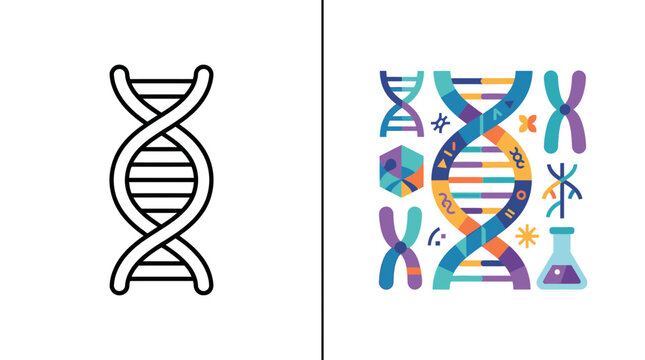 DNA double helix line art and colorful genetic symbols.