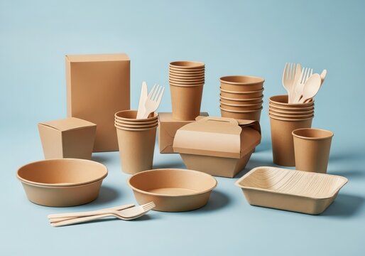 Stacked brown eco-friendly disposable tableware set