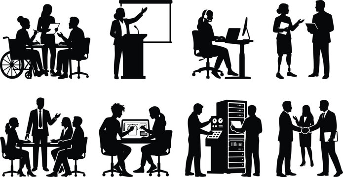 Silhouette Icons of Inclusive Workplace Activities Featuring Meetings, Presentations, Collaboration, and Professional Diversity
