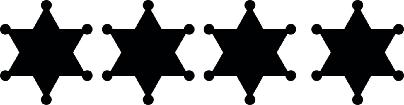 Sheriff star badge vector icon set featuring black six pointed cowboy law enforcement authority silhouettes