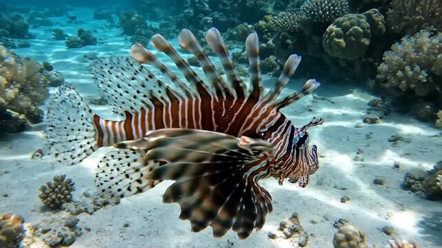 Red lionfish (Pterois volitans) with venomous spines and striped patterns swimming above a sandy seabed and coral reef in clear blue tropical ocean water with sunlight ripples.